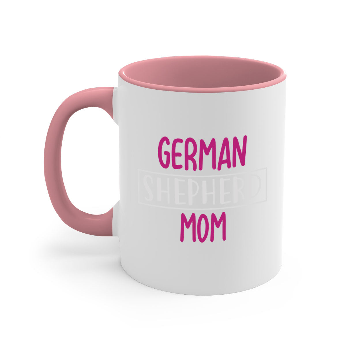 German Shepherd Mom mug with a glossy finish and colorful handle, available in multiple colors and sizes.