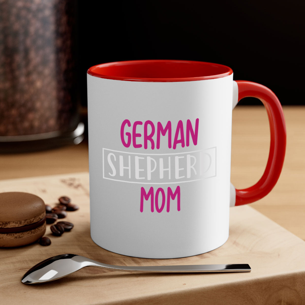 German Shepherd Mom mug with a glossy finish and colorful handle, available in multiple colors and sizes.