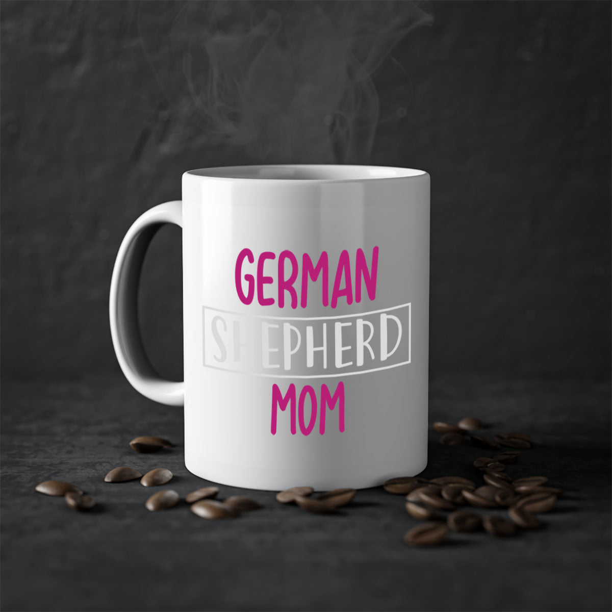 German Shepherd Mom mug with a glossy finish and colorful handle, available in multiple colors and sizes.
