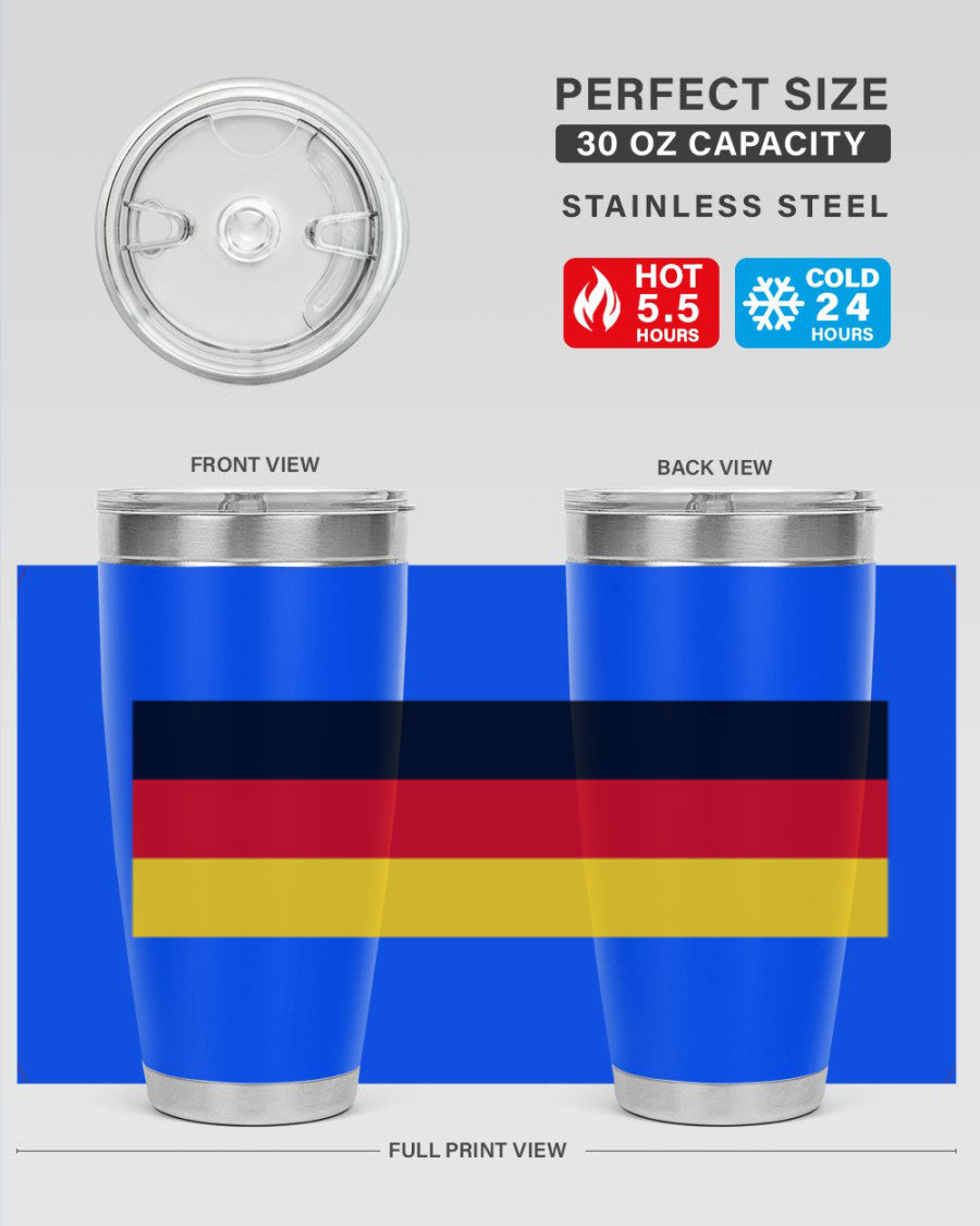 Germany 133# Tumbler showcasing double wall vacuum insulation and a drink-thru lid, perfect for hot and cold beverages.