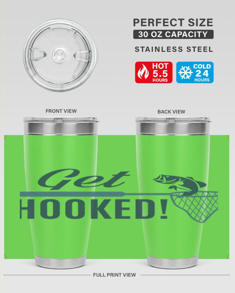 Get Hooked 133# Fishing Tumbler in stainless steel with a drink-thru lid, perfect for hot and cold beverages.