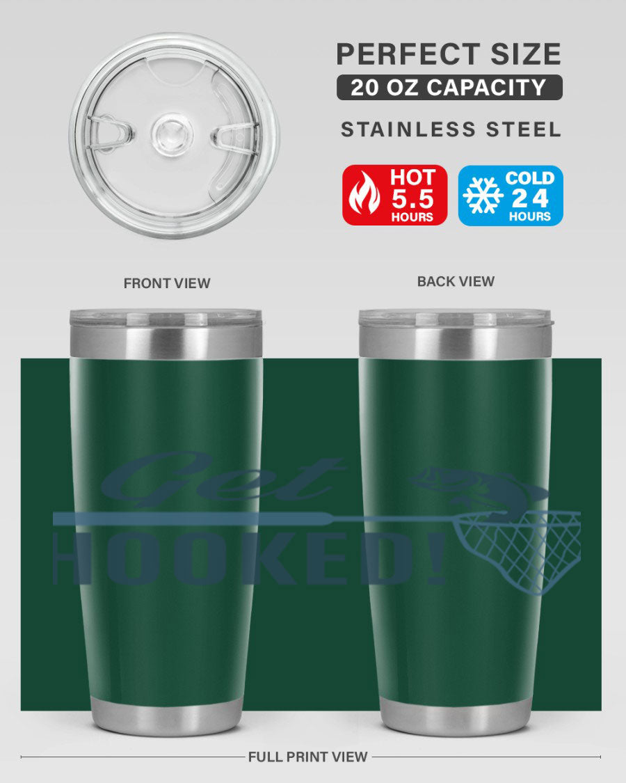 Get Hooked 133# Fishing Tumbler in stainless steel with a drink-thru lid, perfect for hot and cold beverages.