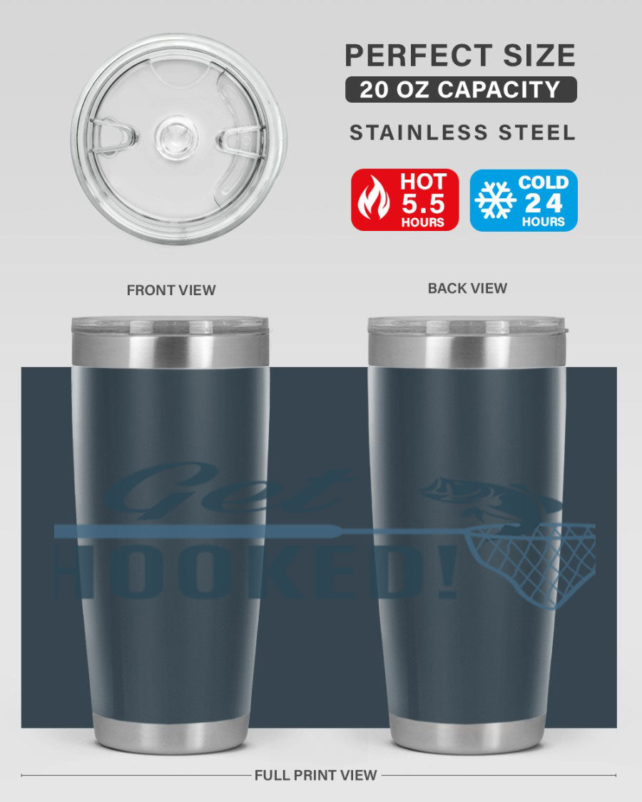 Get Hooked 133# Fishing Tumbler in stainless steel with a drink-thru lid, perfect for hot and cold beverages.