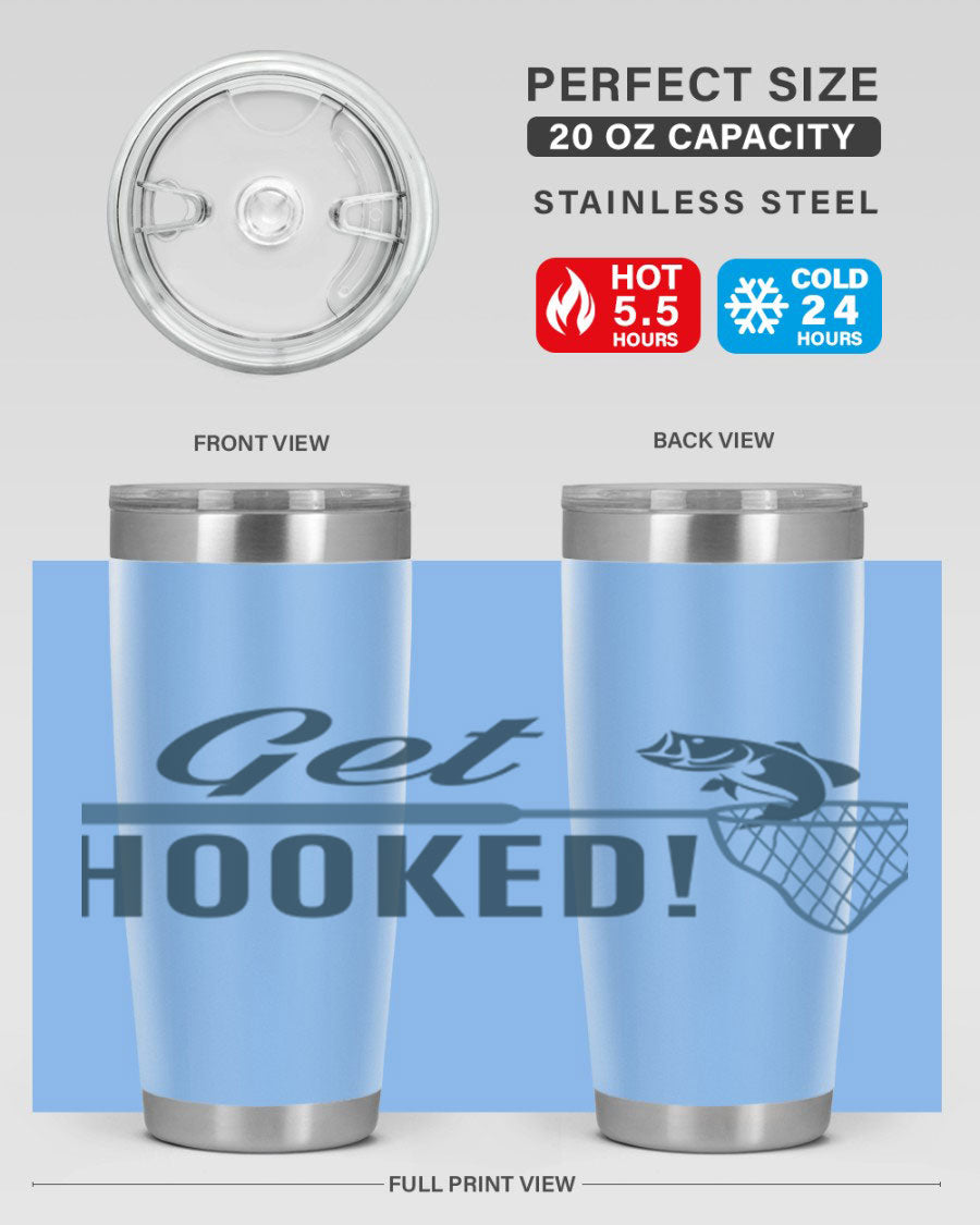 Get Hooked 133# Fishing Tumbler in stainless steel with a drink-thru lid, perfect for hot and cold beverages.