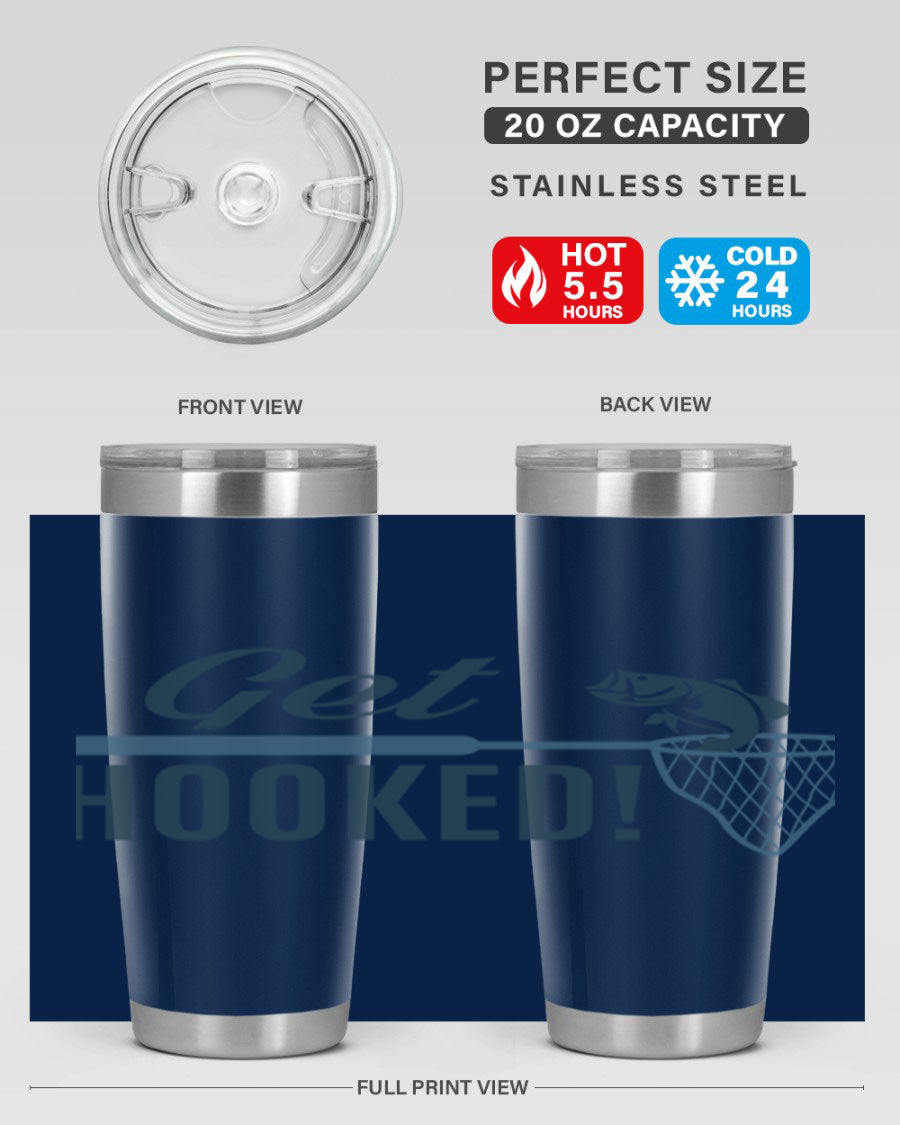 Get Hooked 133# Fishing Tumbler in stainless steel with a drink-thru lid, perfect for hot and cold beverages.