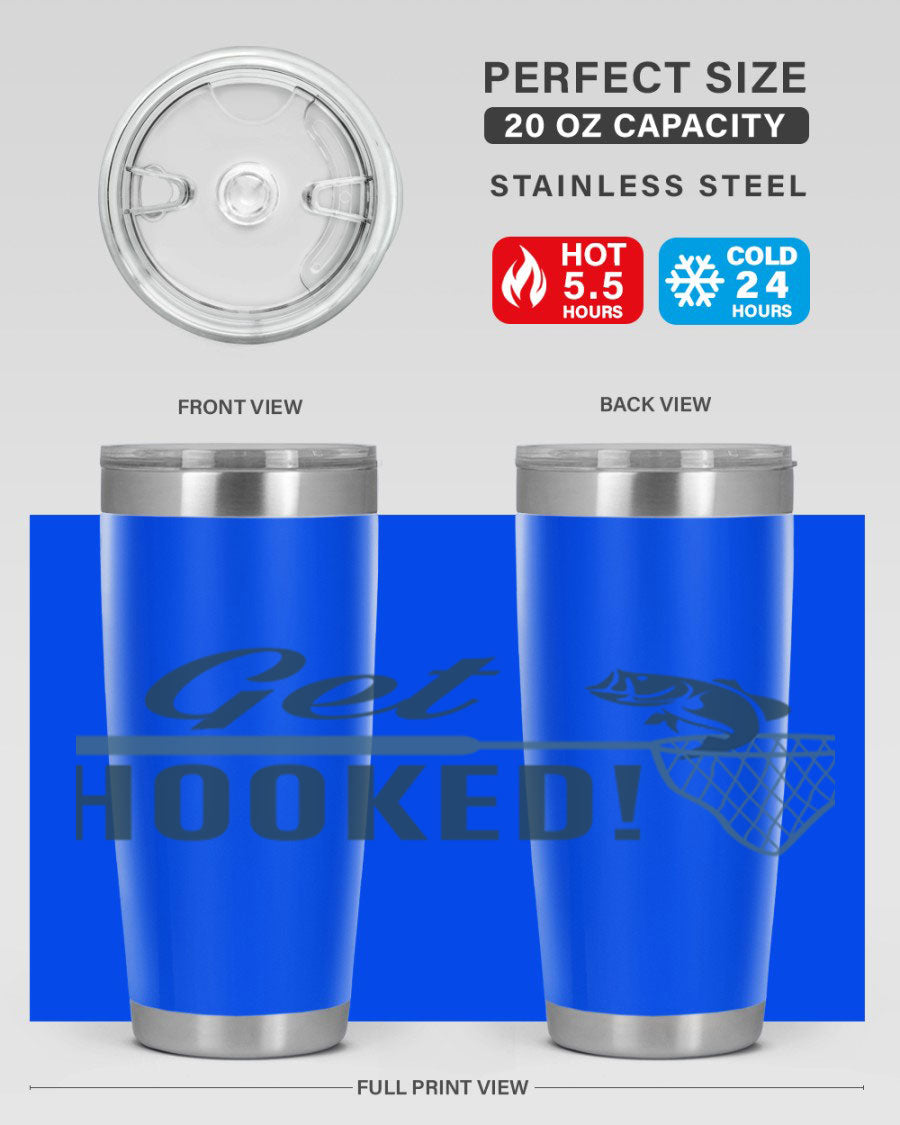 Get Hooked 133# Fishing Tumbler in stainless steel with a drink-thru lid, perfect for hot and cold beverages.