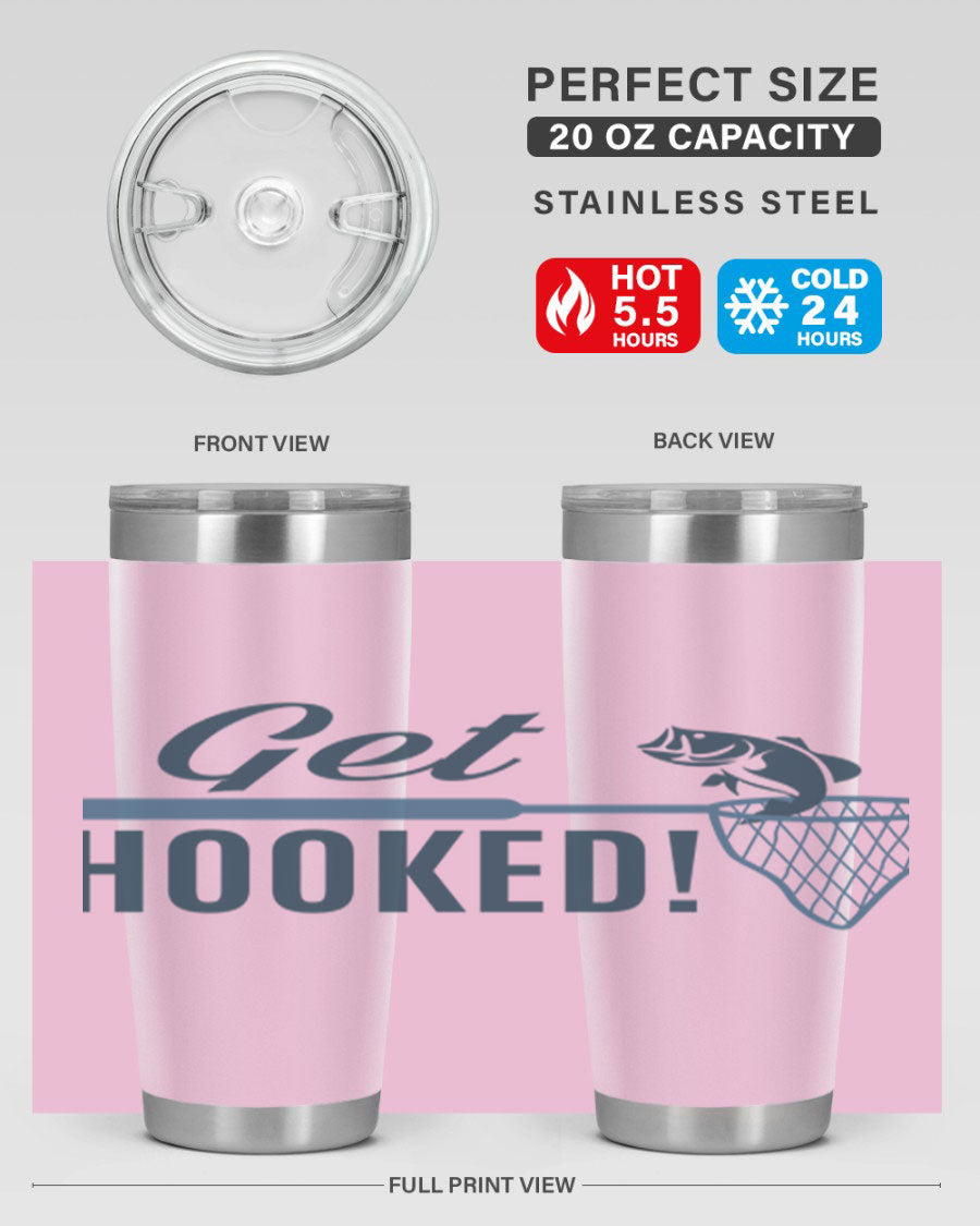 Get Hooked 133# Fishing Tumbler in stainless steel with a drink-thru lid, perfect for hot and cold beverages.