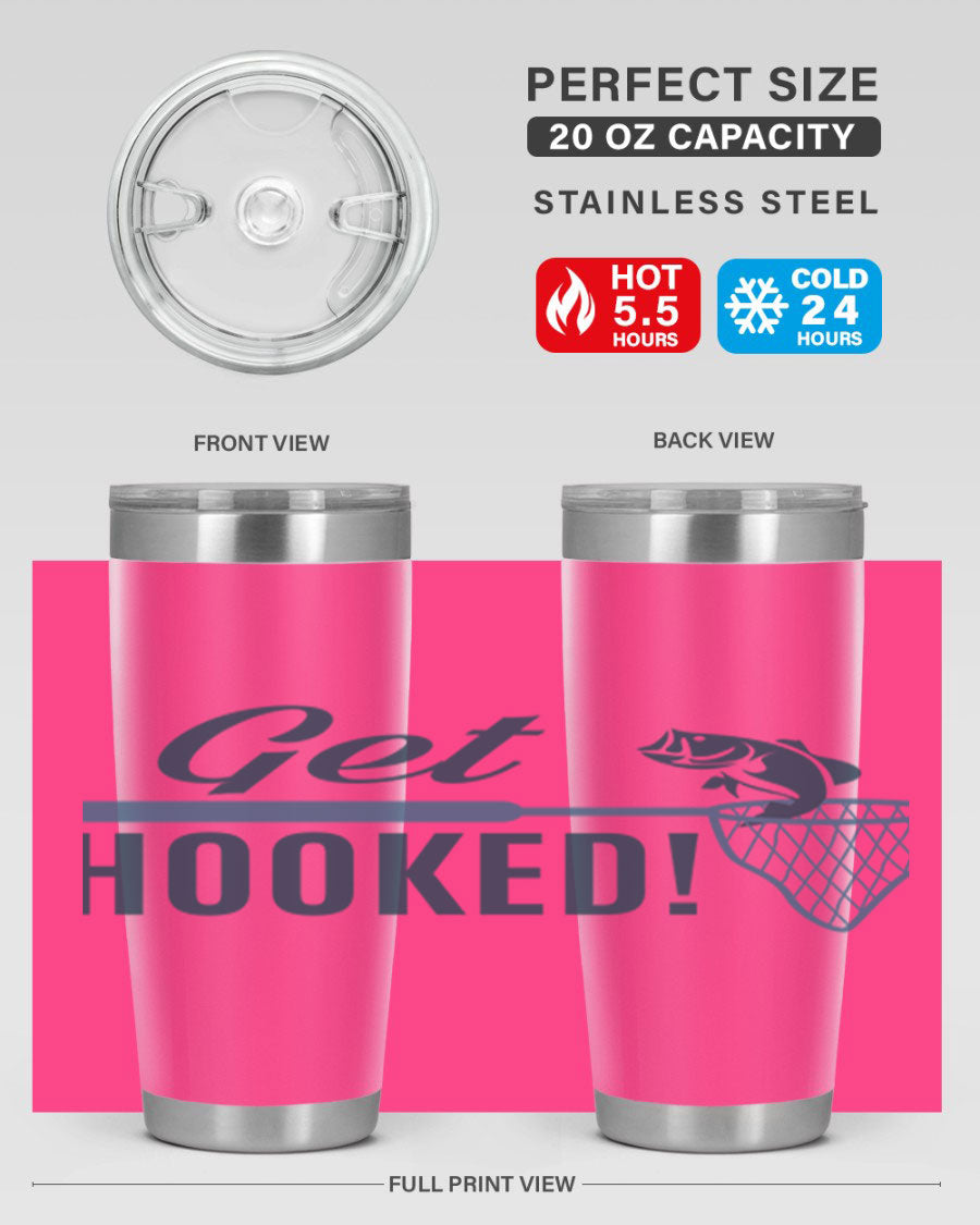 Get Hooked 133# Fishing Tumbler in stainless steel with a drink-thru lid, perfect for hot and cold beverages.