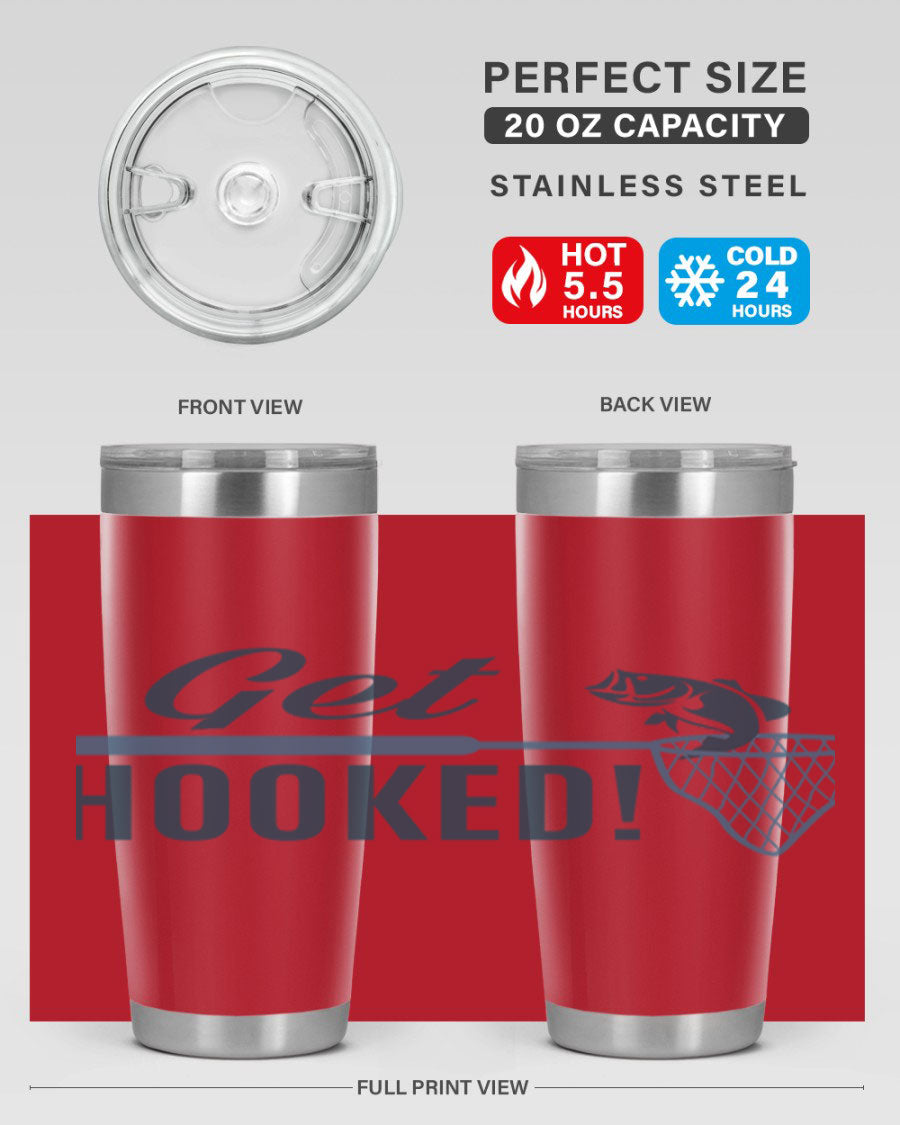 Get Hooked 133# Fishing Tumbler in stainless steel with a drink-thru lid, perfect for hot and cold beverages.