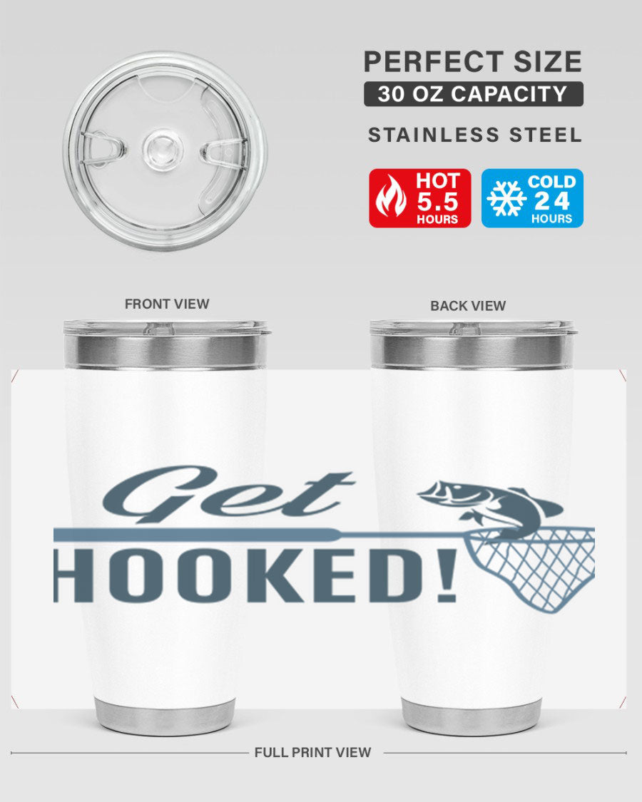 Get Hooked 133# Fishing Tumbler in stainless steel with a drink-thru lid, perfect for hot and cold beverages.