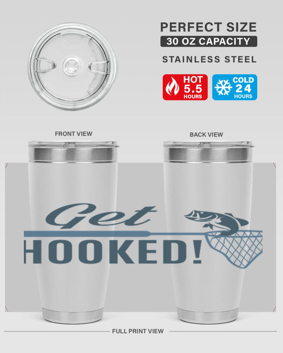 Get Hooked 133# Fishing Tumbler in stainless steel with a drink-thru lid, perfect for hot and cold beverages.