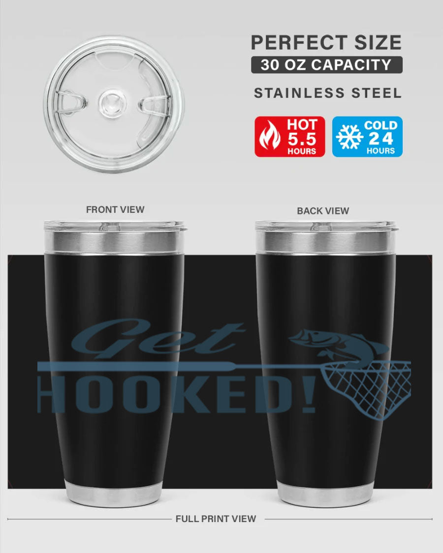 Get Hooked 133# Fishing Tumbler in stainless steel with a drink-thru lid, perfect for hot and cold beverages.