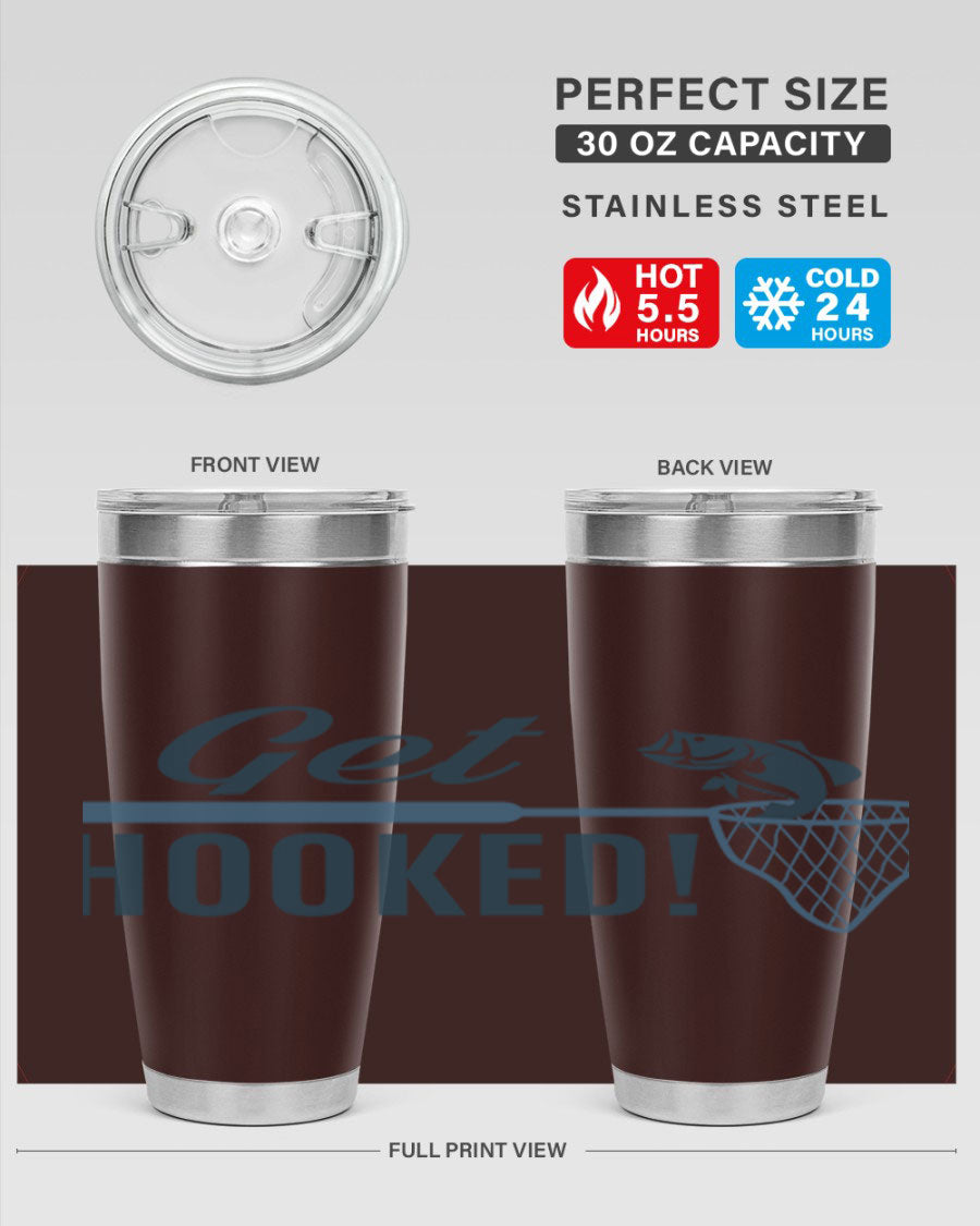 Get Hooked 133# Fishing Tumbler in stainless steel with a drink-thru lid, perfect for hot and cold beverages.