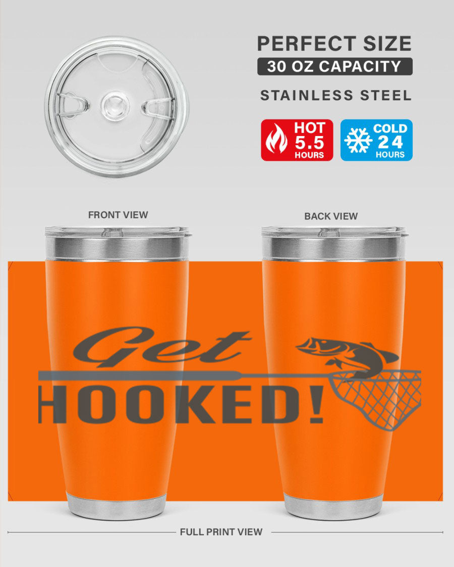 Get Hooked 133# Fishing Tumbler in stainless steel with a drink-thru lid, perfect for hot and cold beverages.