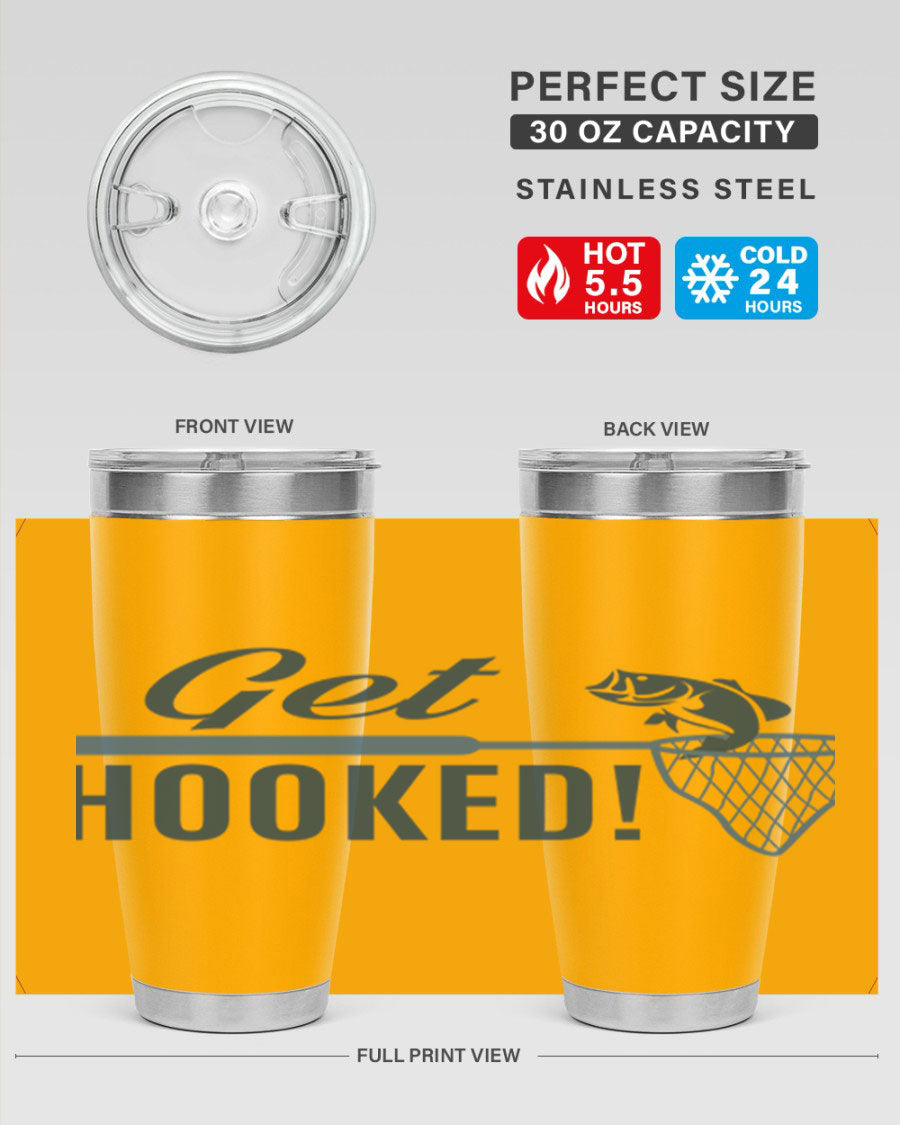Get Hooked 133# Fishing Tumbler in stainless steel with a drink-thru lid, perfect for hot and cold beverages.