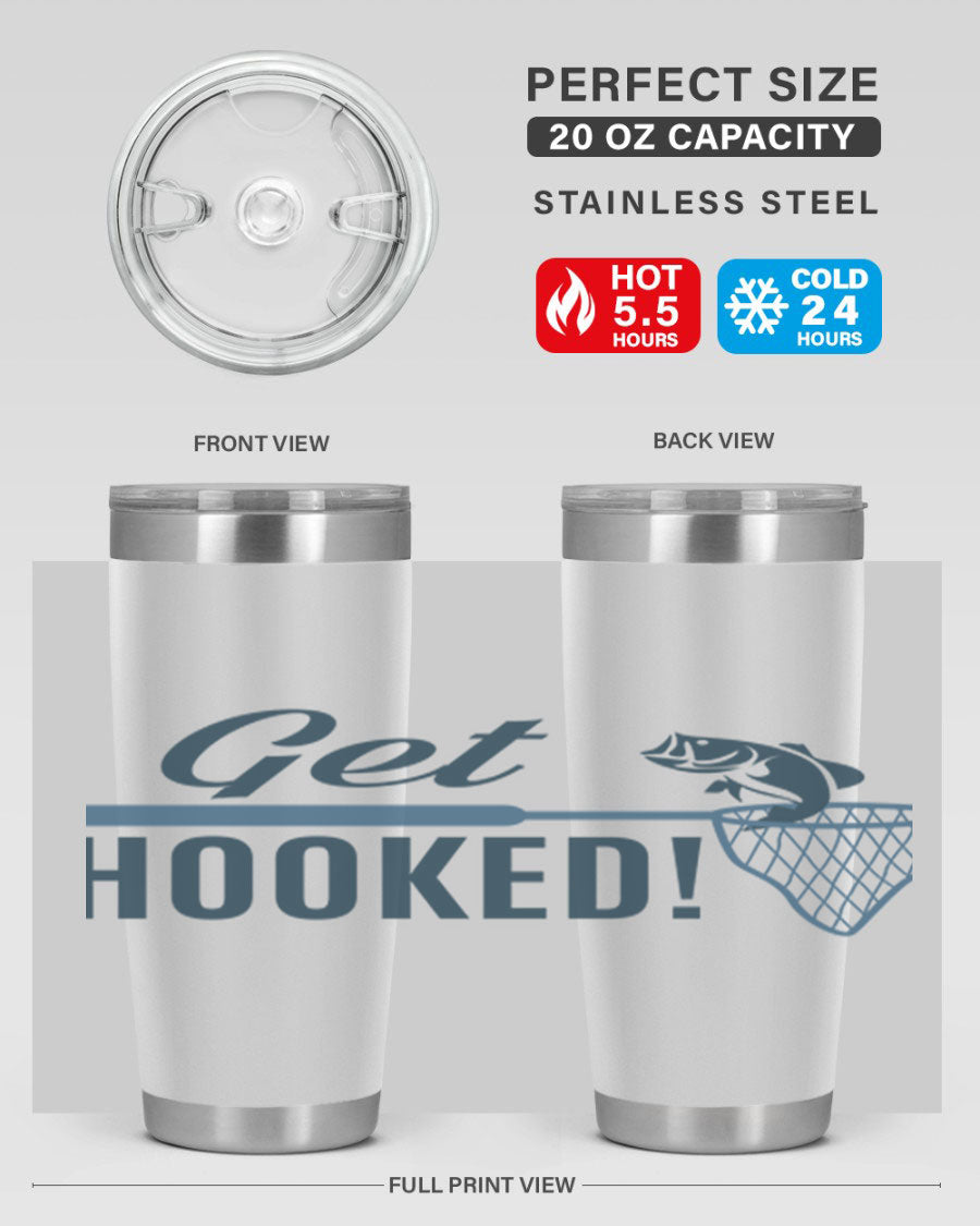 Get Hooked 133# Fishing Tumbler in stainless steel with a drink-thru lid, perfect for hot and cold beverages.
