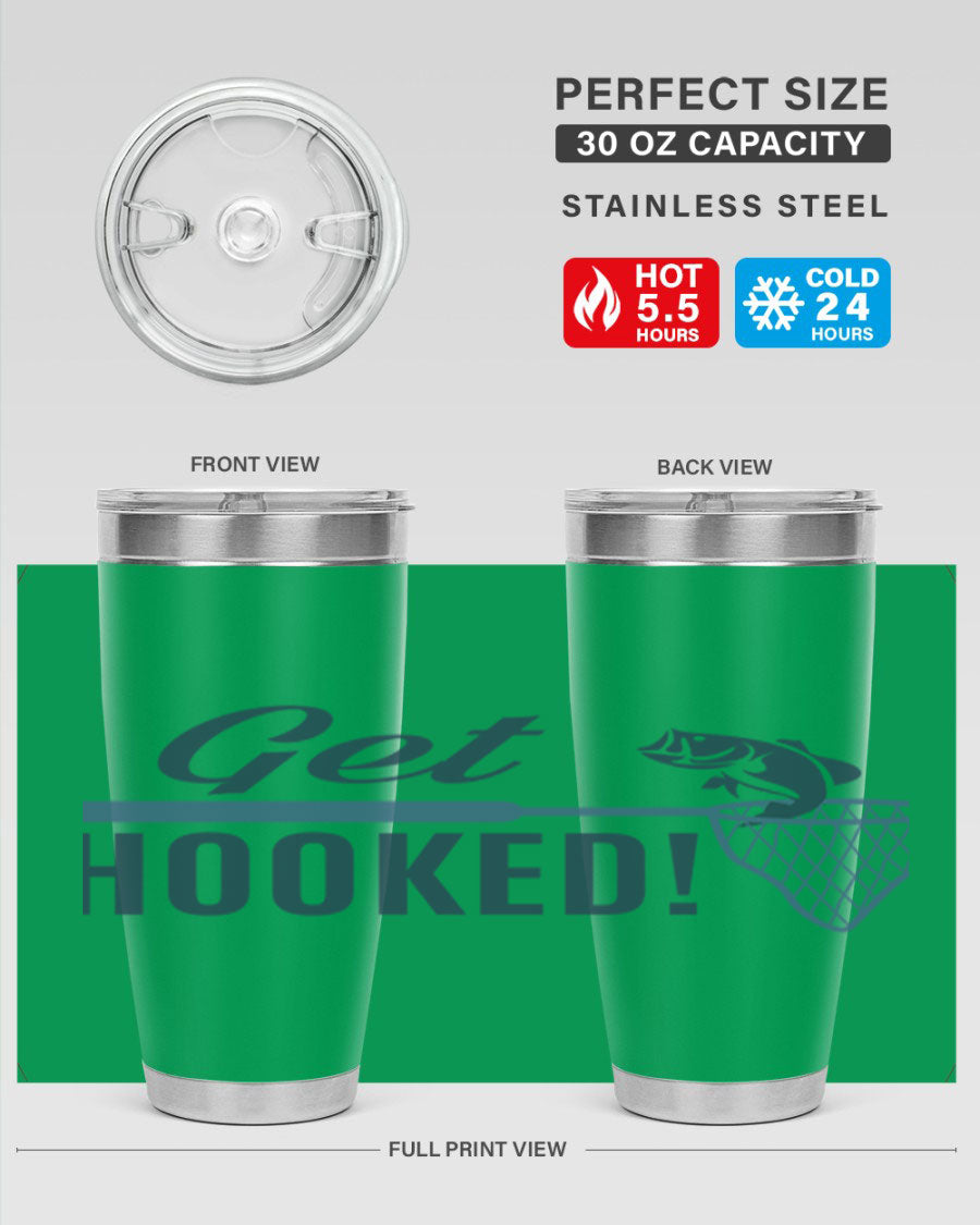 Get Hooked 133# Fishing Tumbler in stainless steel with a drink-thru lid, perfect for hot and cold beverages.