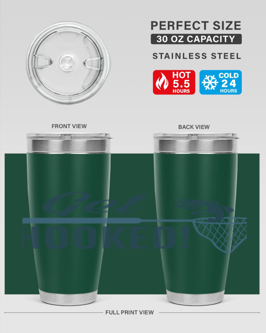 Get Hooked 133# Fishing Tumbler in stainless steel with a drink-thru lid, perfect for hot and cold beverages.
