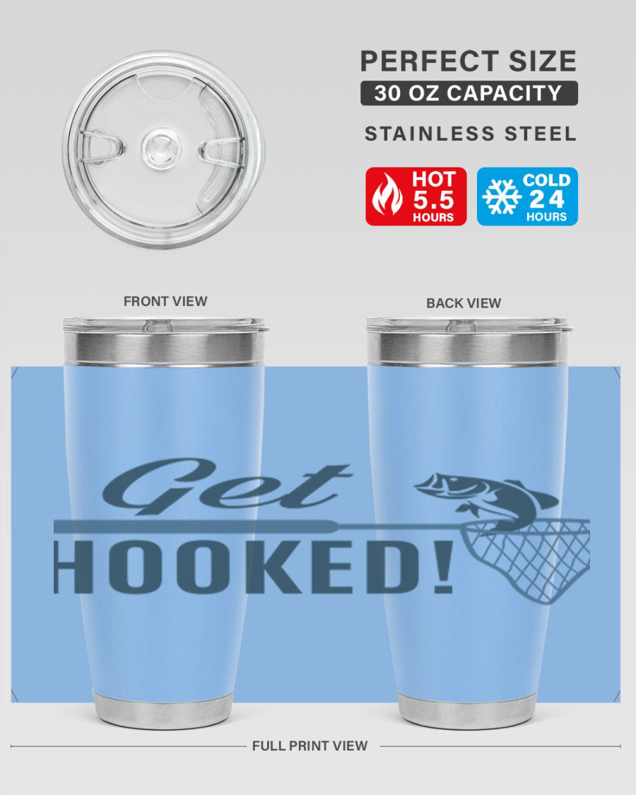Get Hooked 133# Fishing Tumbler in stainless steel with a drink-thru lid, perfect for hot and cold beverages.