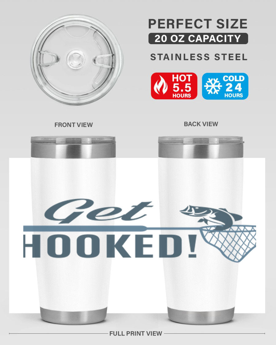 Get Hooked 133# Fishing Tumbler in stainless steel with a drink-thru lid, perfect for hot and cold beverages.