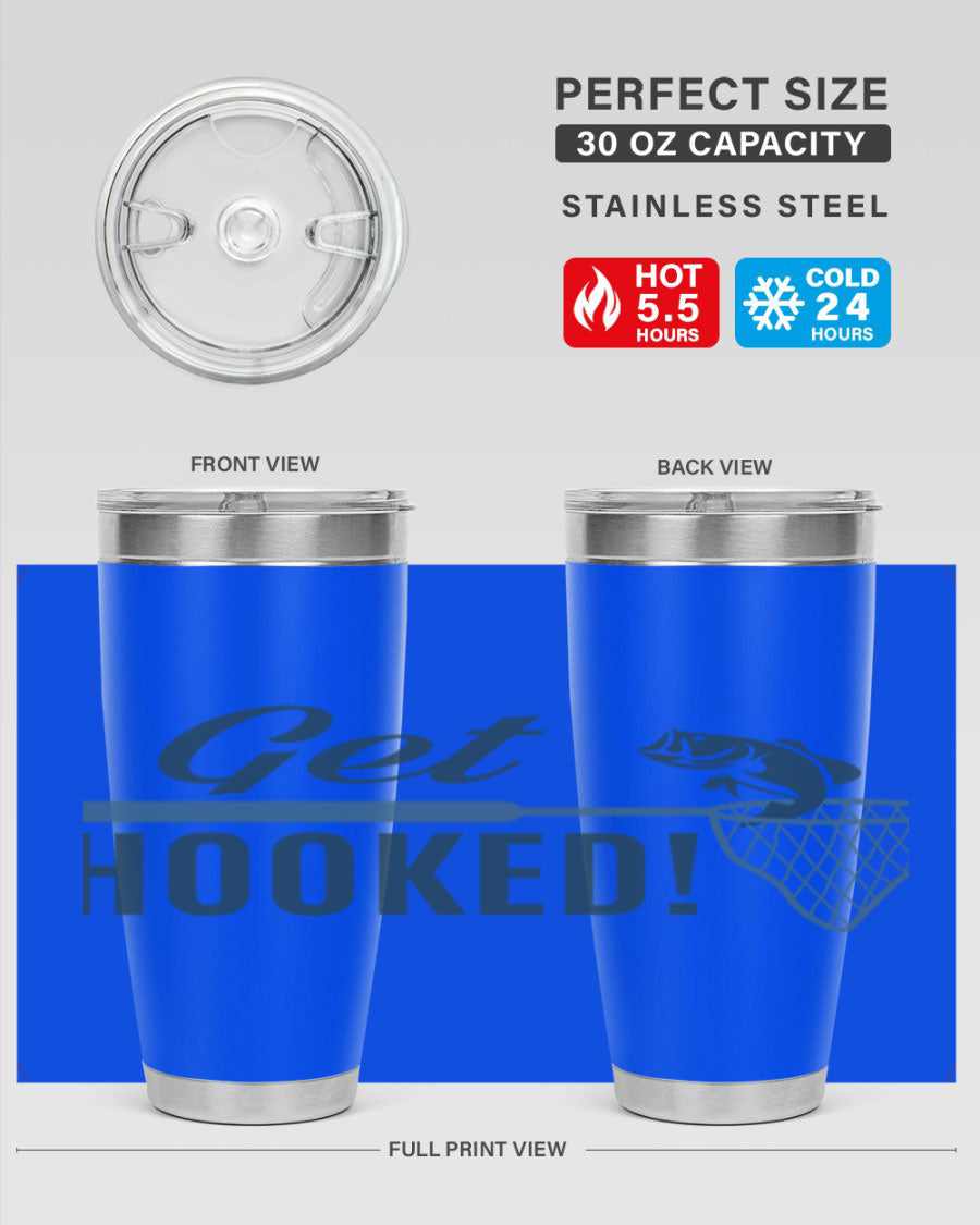 Get Hooked 133# Fishing Tumbler in stainless steel with a drink-thru lid, perfect for hot and cold beverages.