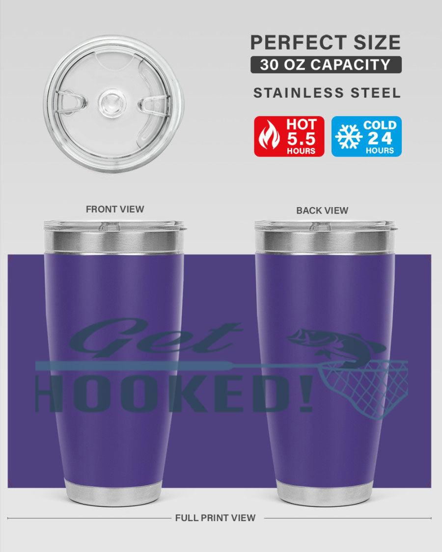 Get Hooked 133# Fishing Tumbler in stainless steel with a drink-thru lid, perfect for hot and cold beverages.