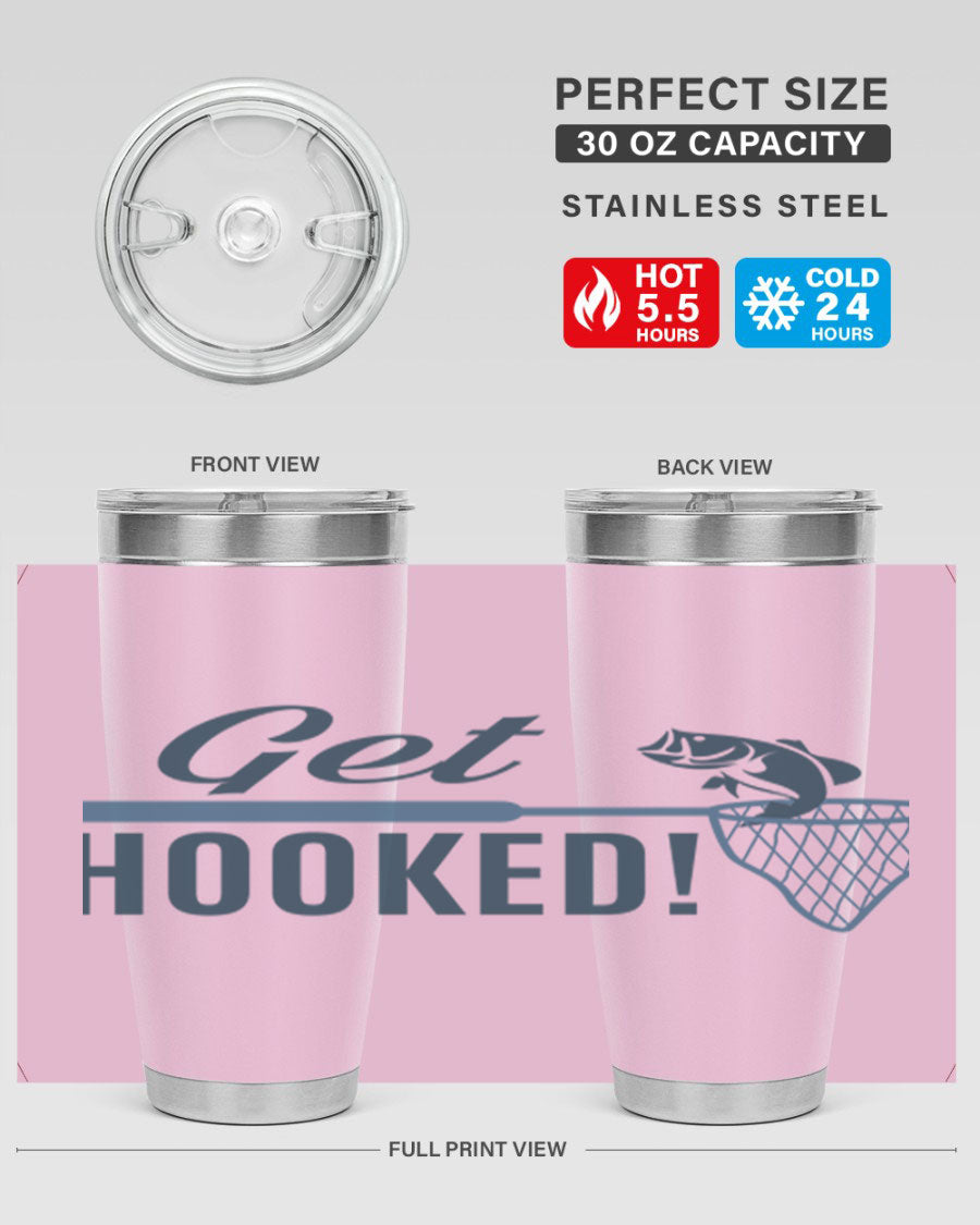 Get Hooked 133# Fishing Tumbler in stainless steel with a drink-thru lid, perfect for hot and cold beverages.
