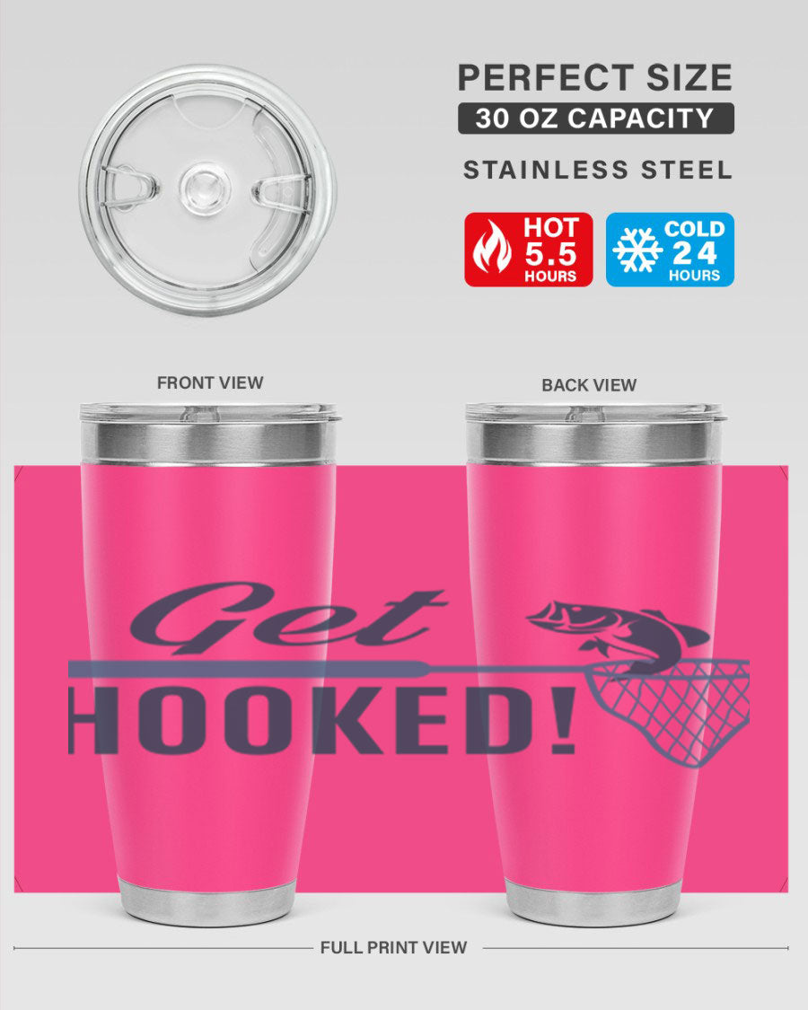 Get Hooked 133# Fishing Tumbler in stainless steel with a drink-thru lid, perfect for hot and cold beverages.