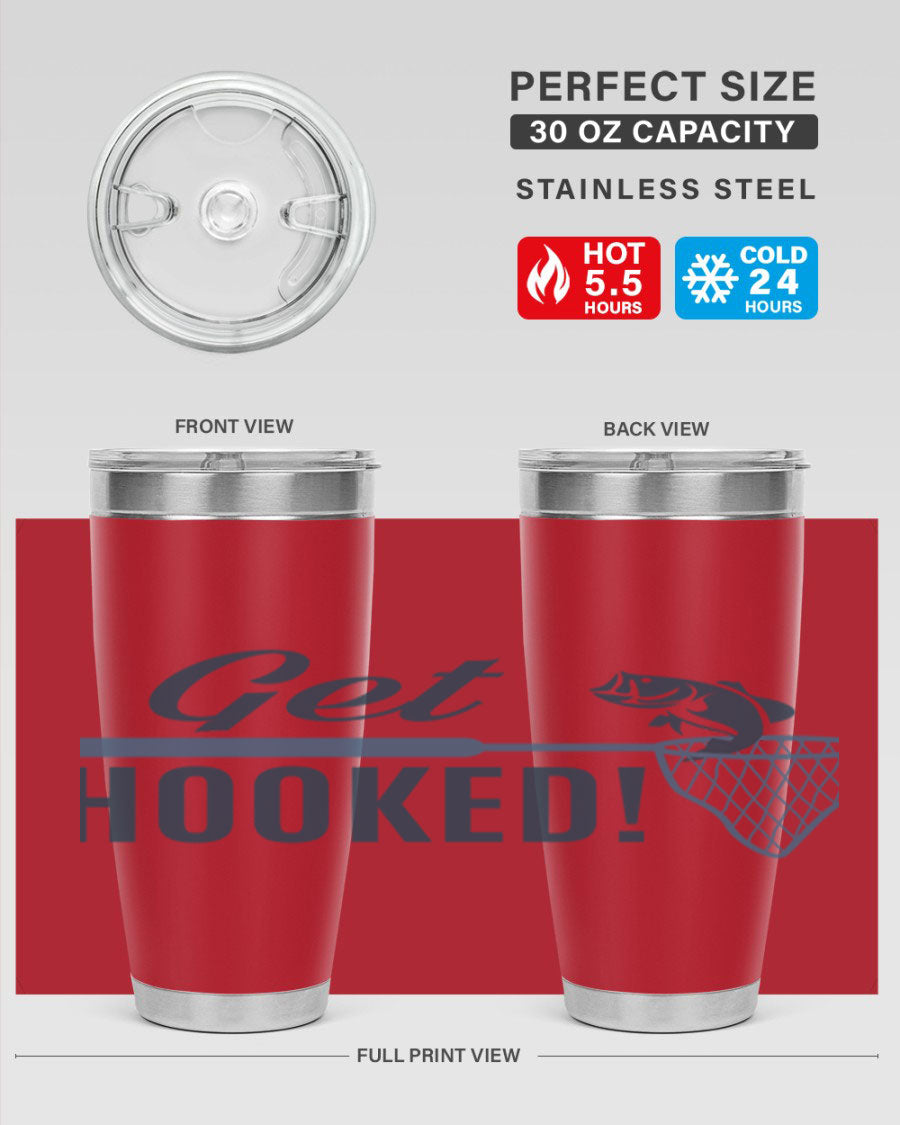 Get Hooked 133# Fishing Tumbler in stainless steel with a drink-thru lid, perfect for hot and cold beverages.
