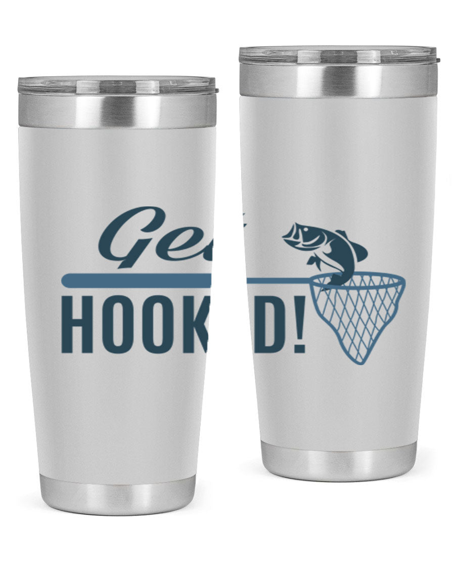 Get Hooked 133# Fishing Tumbler in stainless steel with a drink-thru lid, perfect for hot and cold beverages.