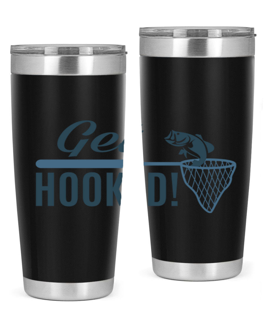 Get Hooked 133# Fishing Tumbler in stainless steel with a drink-thru lid, perfect for hot and cold beverages.