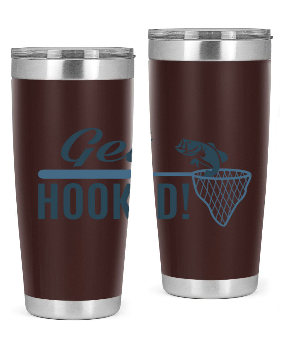 Get Hooked 133# Fishing Tumbler in stainless steel with a drink-thru lid, perfect for hot and cold beverages.
