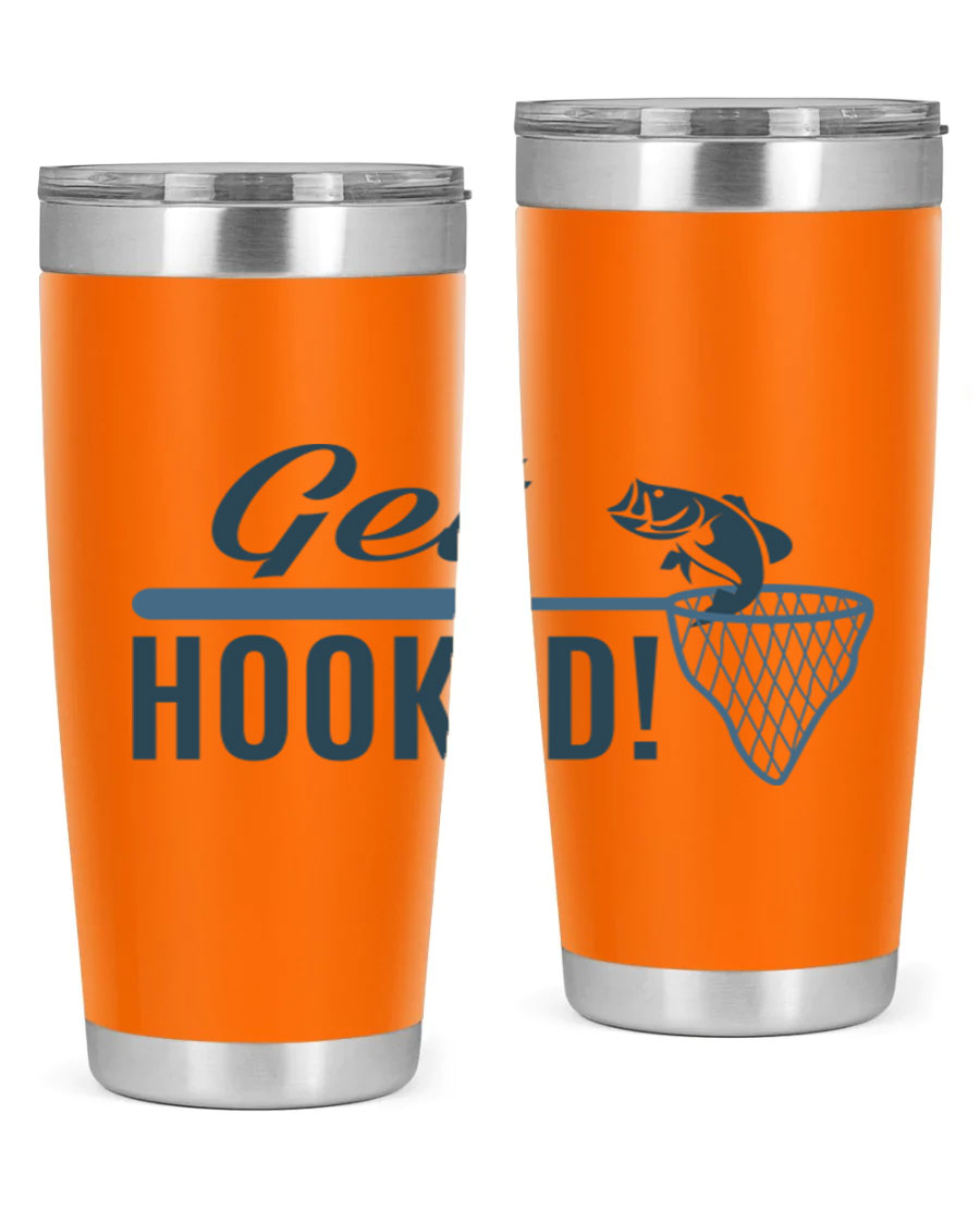 Get Hooked 133# Fishing Tumbler in stainless steel with a drink-thru lid, perfect for hot and cold beverages.