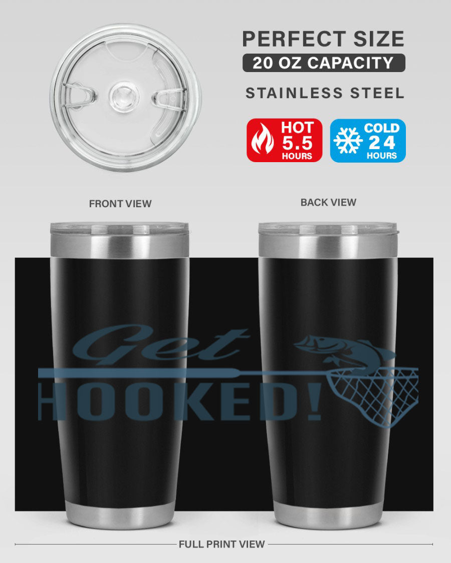 Get Hooked 133# Fishing Tumbler in stainless steel with a drink-thru lid, perfect for hot and cold beverages.