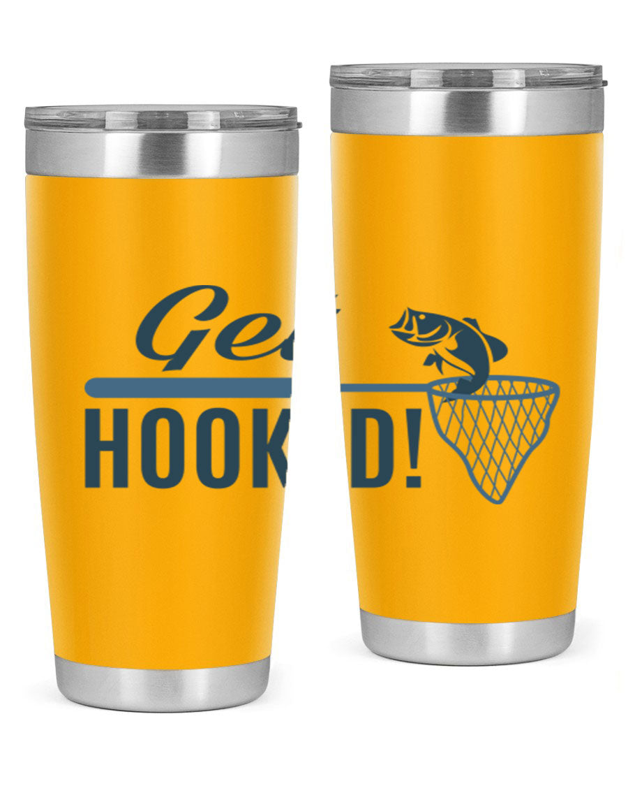 Get Hooked 133# Fishing Tumbler in stainless steel with a drink-thru lid, perfect for hot and cold beverages.