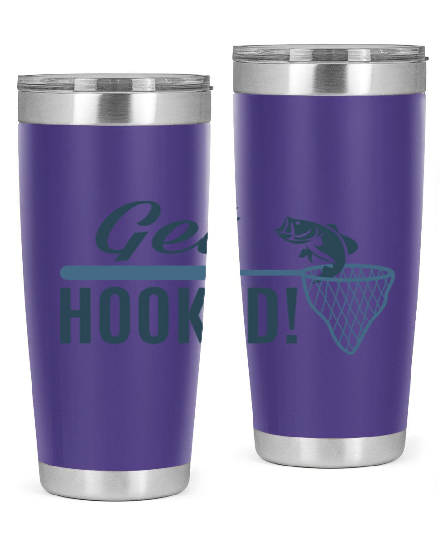 Get Hooked 133# Fishing Tumbler in stainless steel with a drink-thru lid, perfect for hot and cold beverages.