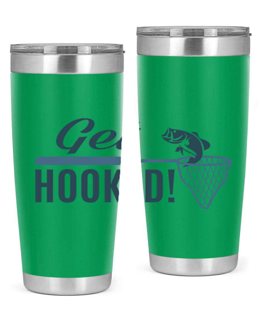 Get Hooked 133# Fishing Tumbler in stainless steel with a drink-thru lid, perfect for hot and cold beverages.