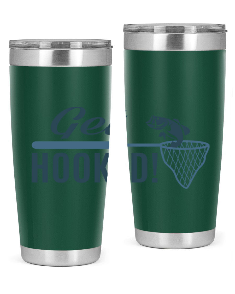 Get Hooked 133# Fishing Tumbler in stainless steel with a drink-thru lid, perfect for hot and cold beverages.
