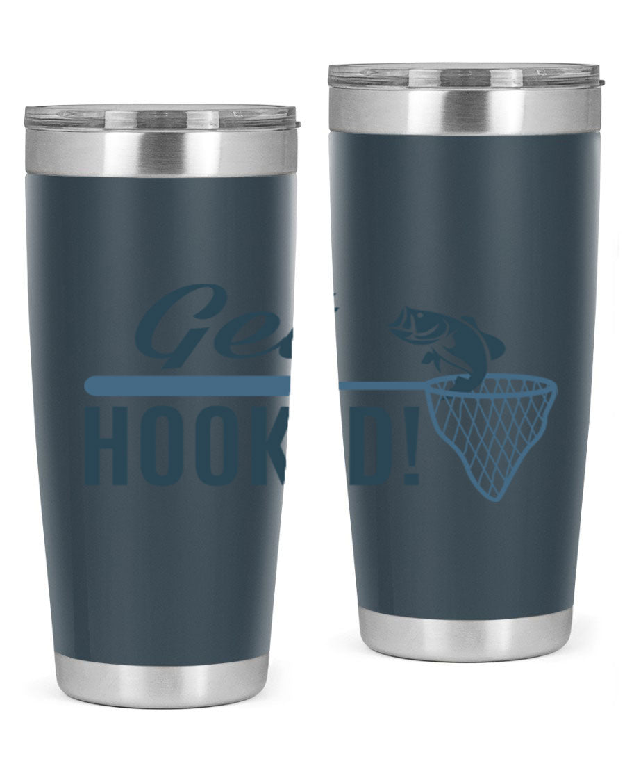 Get Hooked 133# Fishing Tumbler in stainless steel with a drink-thru lid, perfect for hot and cold beverages.