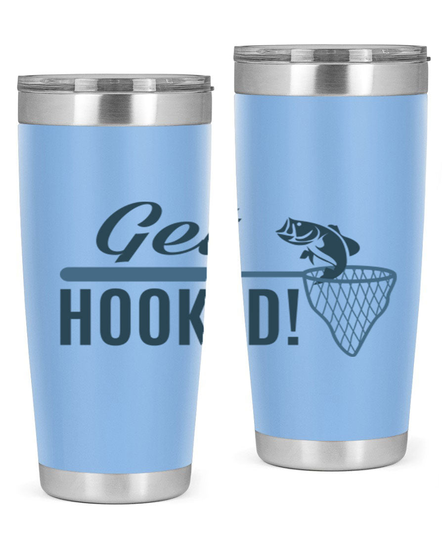 Get Hooked 133# Fishing Tumbler in stainless steel with a drink-thru lid, perfect for hot and cold beverages.