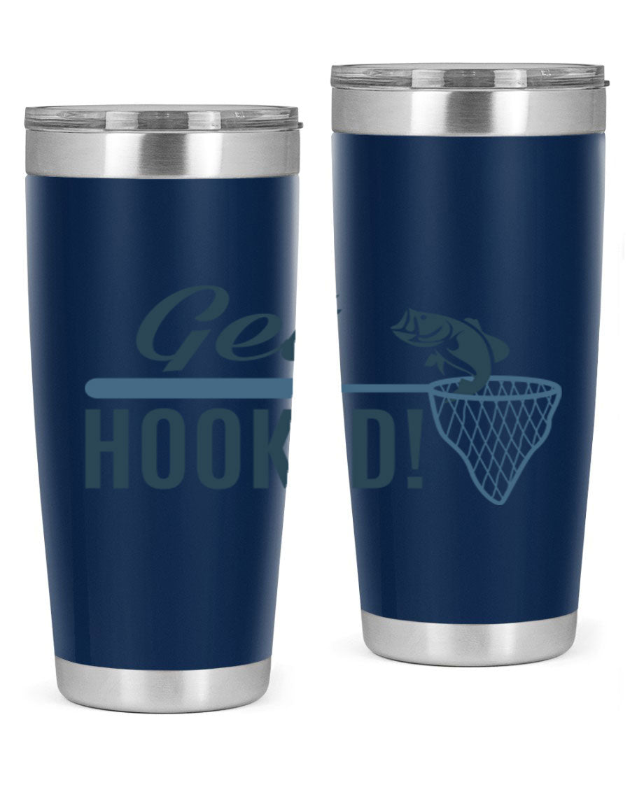 Get Hooked 133# Fishing Tumbler in stainless steel with a drink-thru lid, perfect for hot and cold beverages.