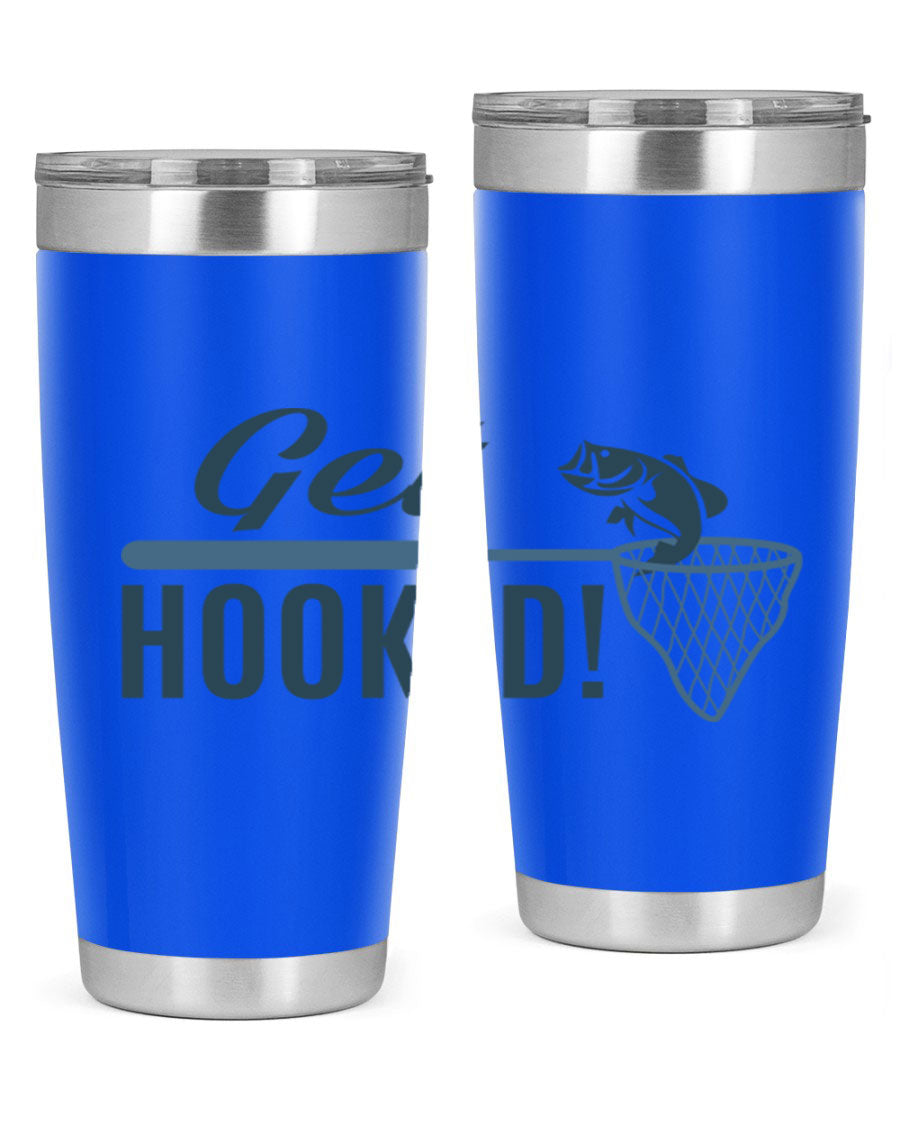 Get Hooked 133# Fishing Tumbler in stainless steel with a drink-thru lid, perfect for hot and cold beverages.