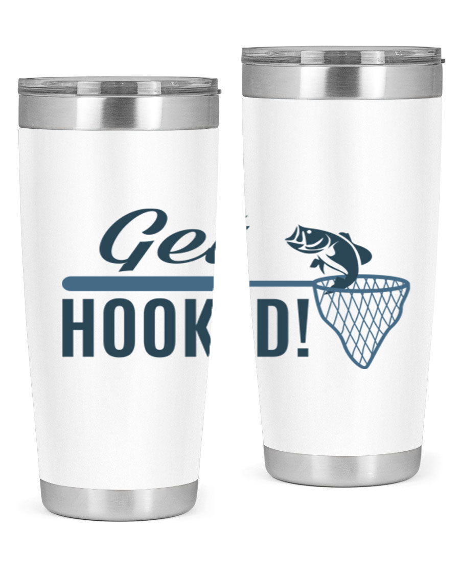 Get Hooked 133# Fishing Tumbler in stainless steel with a drink-thru lid, perfect for hot and cold beverages.