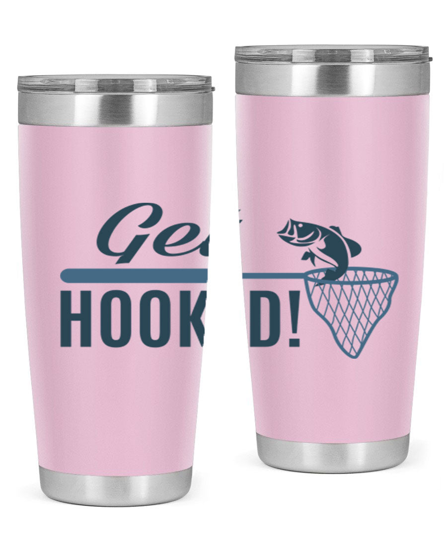 Get Hooked 133# Fishing Tumbler in stainless steel with a drink-thru lid, perfect for hot and cold beverages.