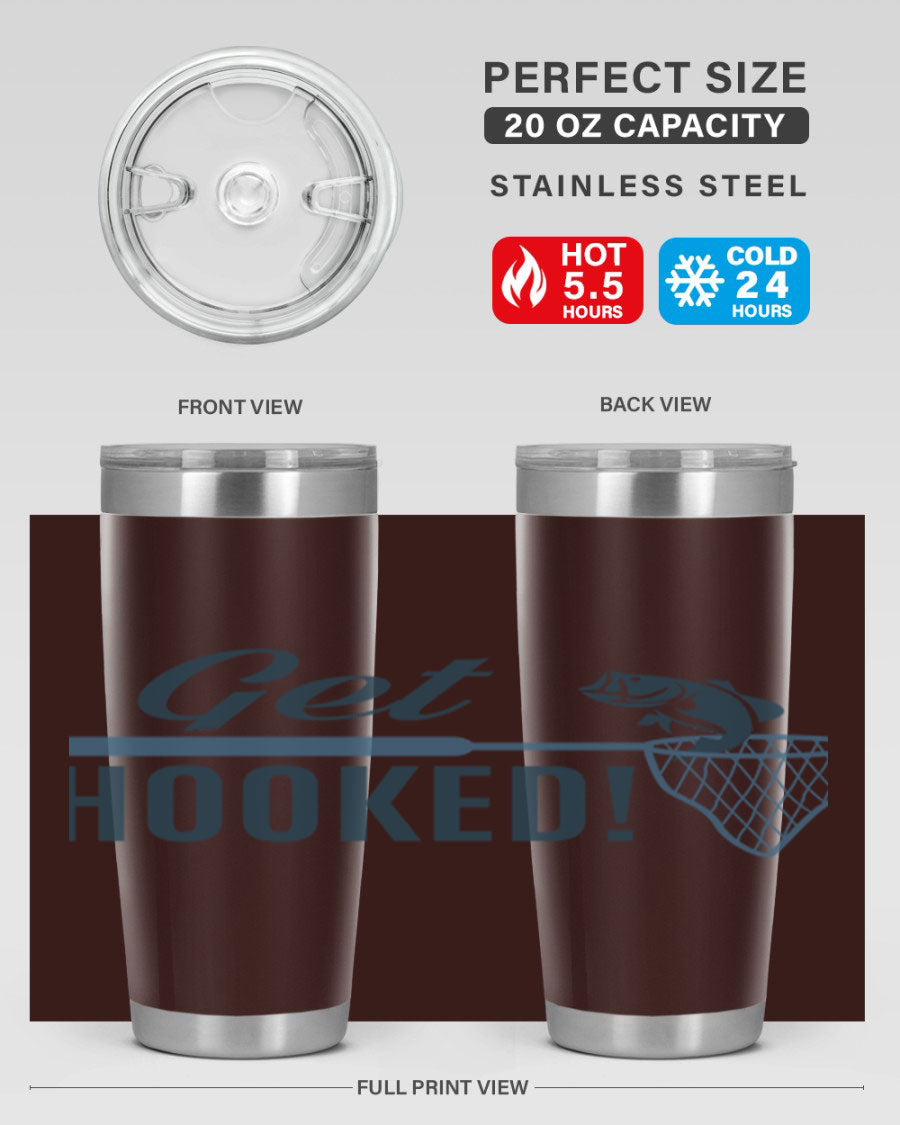 Get Hooked 133# Fishing Tumbler in stainless steel with a drink-thru lid, perfect for hot and cold beverages.