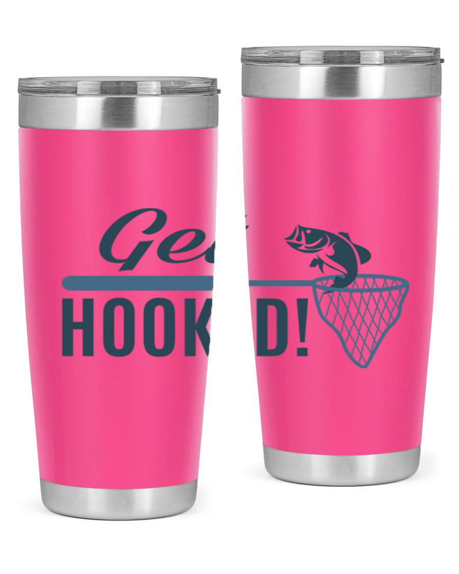 Get Hooked 133# Fishing Tumbler in stainless steel with a drink-thru lid, perfect for hot and cold beverages.