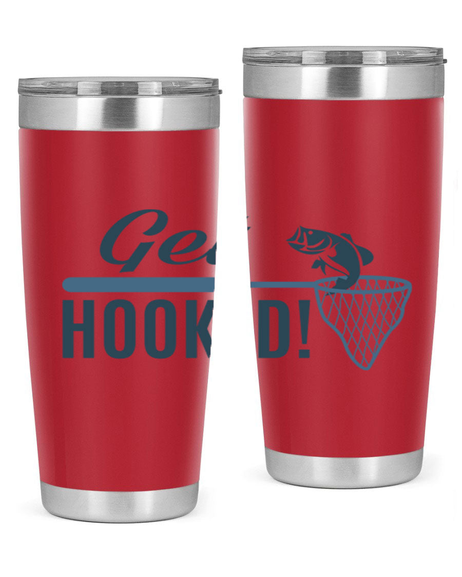 Get Hooked 133# Fishing Tumbler in stainless steel with a drink-thru lid, perfect for hot and cold beverages.