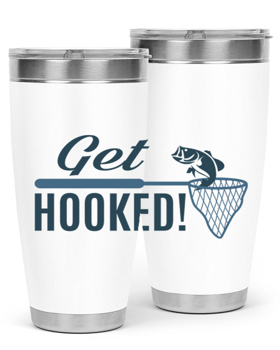 Get Hooked 133# Fishing Tumbler in stainless steel with a drink-thru lid, perfect for hot and cold beverages.