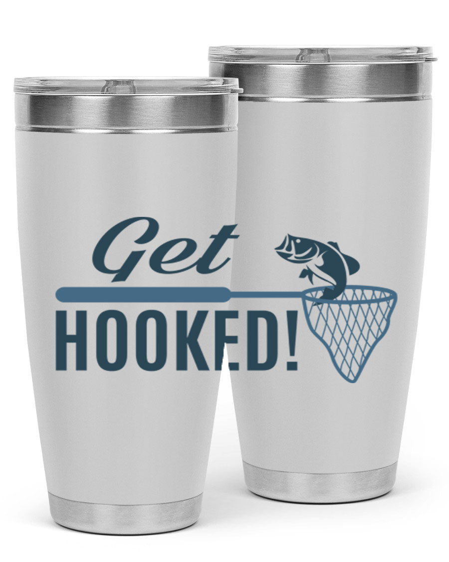 Get Hooked 133# Fishing Tumbler in stainless steel with a drink-thru lid, perfect for hot and cold beverages.