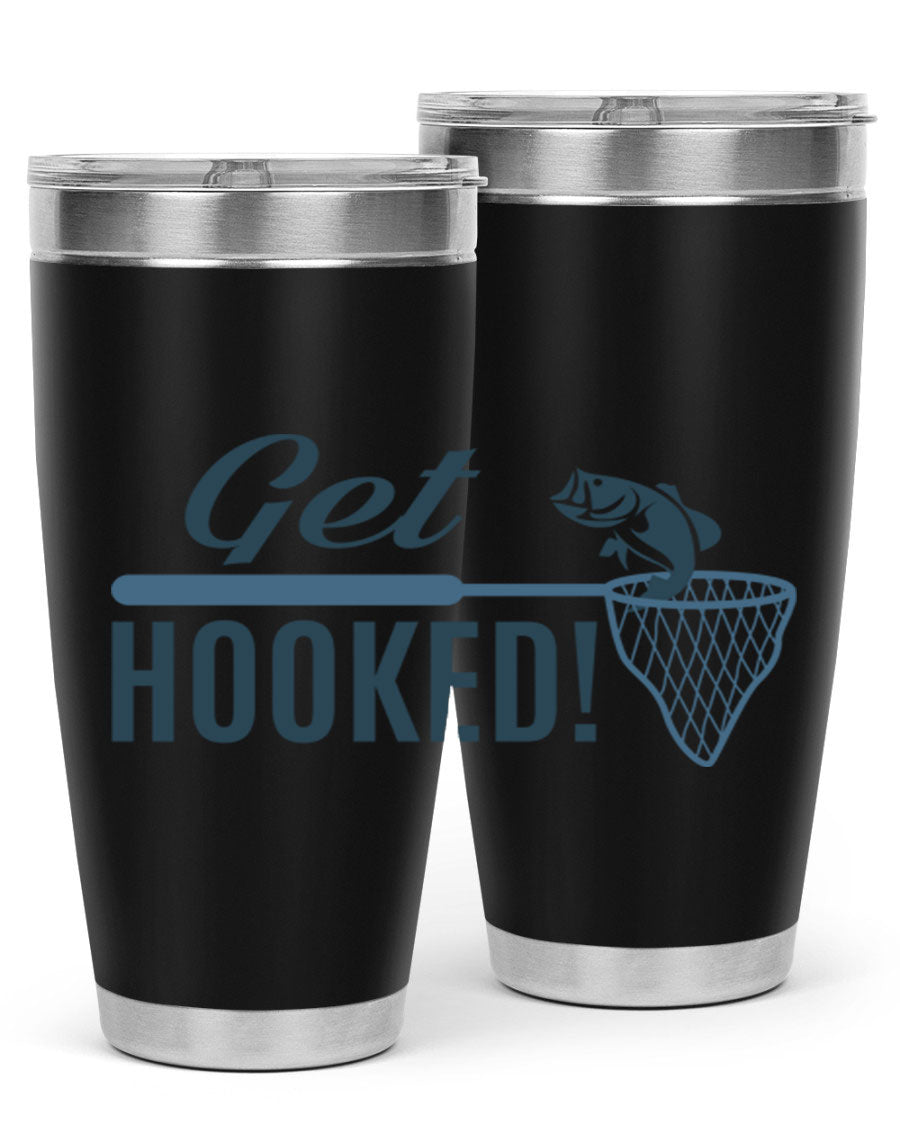 Get Hooked 133# Fishing Tumbler in stainless steel with a drink-thru lid, perfect for hot and cold beverages.